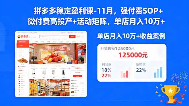 (16557期)拼多多稳定盈利课-11月,强付费SOP+微付费高投产+活动矩阵,单店月入10w+