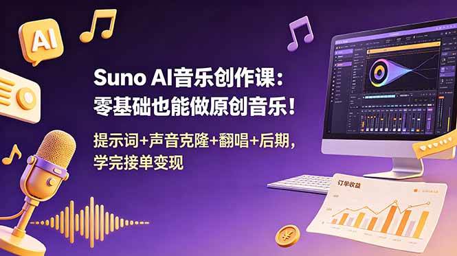 (18945期) Suno AI音乐创作课:零基础也能做原创音乐!提示词+声音克隆+翻唱+后期,学完接单变现