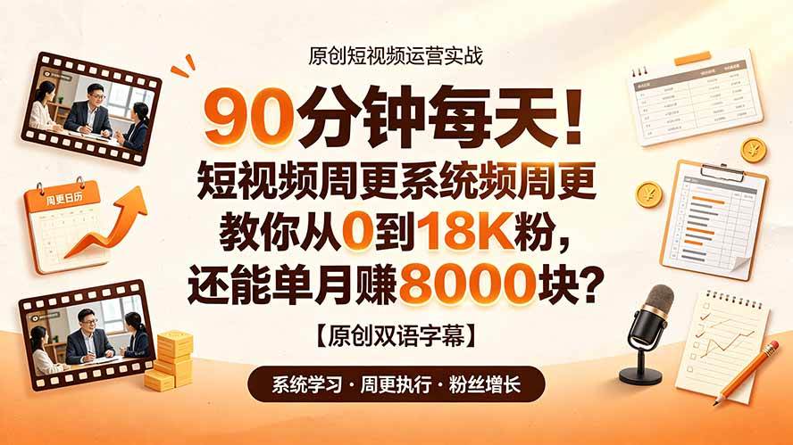 (19265期)90 分钟每天!短视频周更系统教你从 0 到 18K 粉,还能单月赚 8000 块?【原创双语字幕】