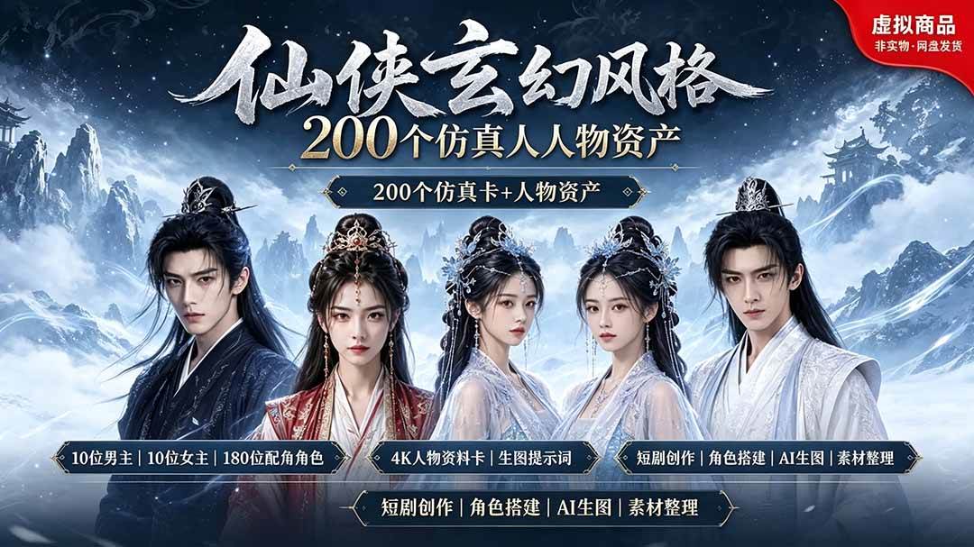 (19301期)200个仙侠玄幻仿真人素材◆10男主×10女主×180配角,4K资料卡+AI生图提示词,漫剧必备