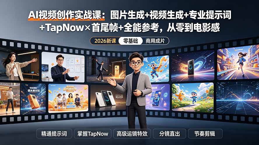 (19383期)AI视频创作实战课:图片生成+视频生成+专业提示词+TapNow×首尾帧+全能参考,从零到电影感成片