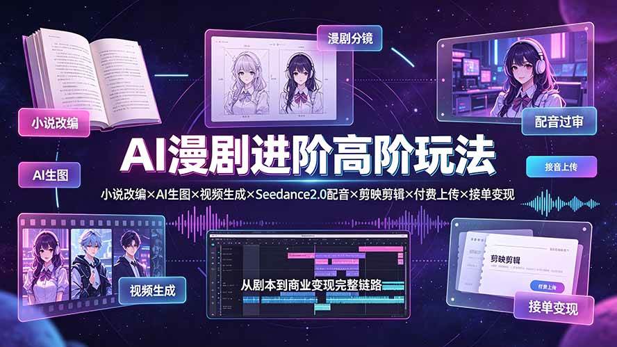 (19430期)AI漫剧进阶高阶玩法:小说改编×AI生图×视频生成×Seedance2.0配音×剪映剪辑×付费上传×接单变现