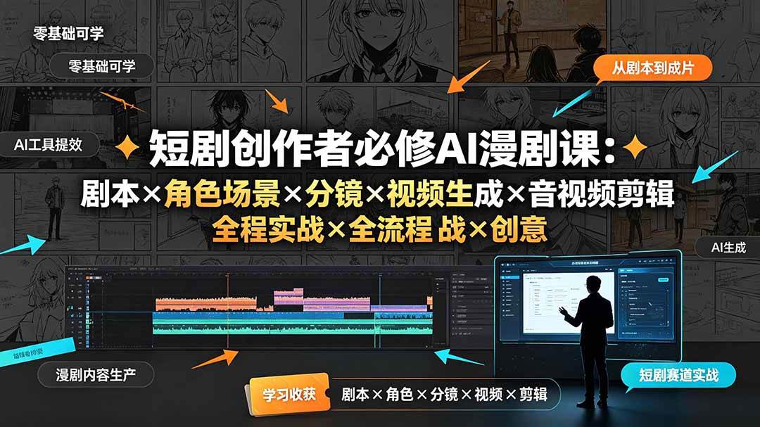 (19459期)短剧创作者必修AI漫剧课:剧本×角色场景×分镜×视频生成×音视频剪辑×全流程实战×创意短片拆解