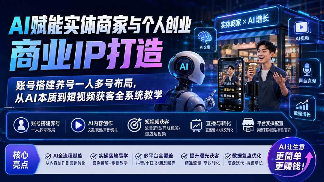 (19852期)AI赋能实体商家与个人创业商业IP打造;账号搭建养号一人多号布局,从AI本质到短视频获客全系统教学