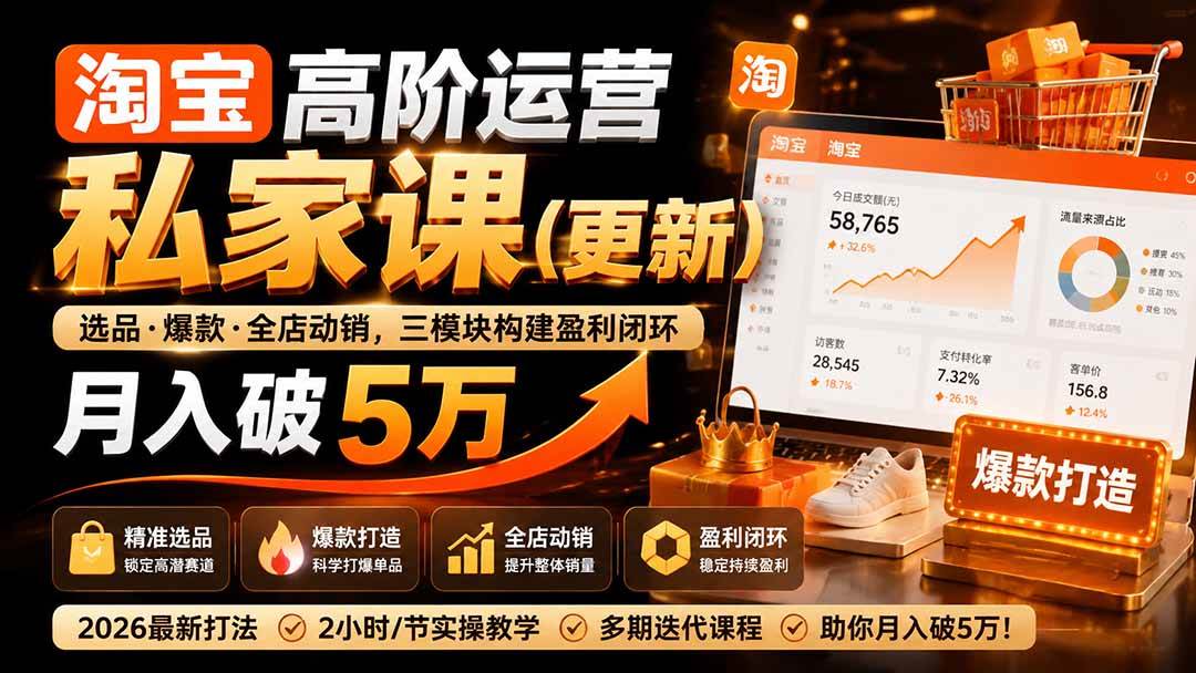 (19906期)淘宝高阶运营私家课(更新26年):选品、爆款、全店动销,三模块构建盈利闭环,月入破5万