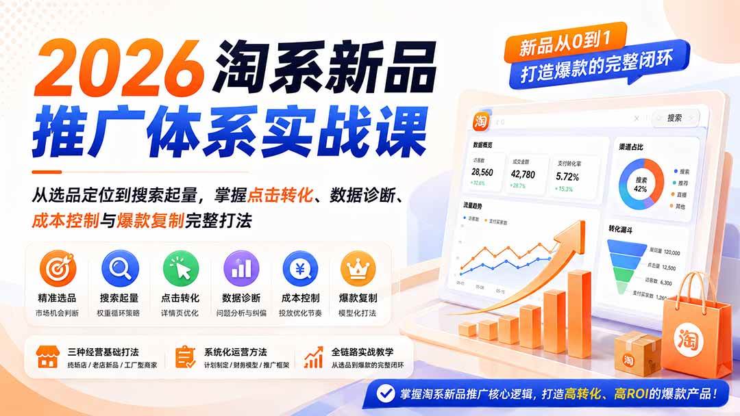 (19908期)2026淘系新品推广体系实战课:从选品定位到搜索起量,掌握点击转化、数据诊断、成本控制与爆款复制完整打法