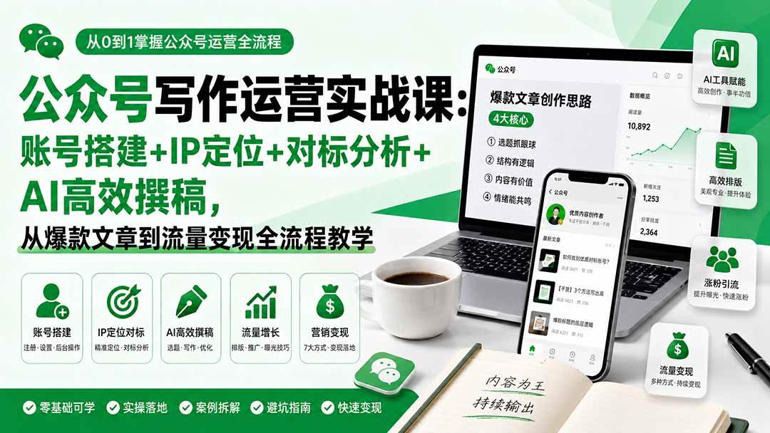 (19914期)公众号写作运营实战课:账号搭建+IP定位+对标分析+AI高效撰稿,从爆款文章到流量变现全流程教学