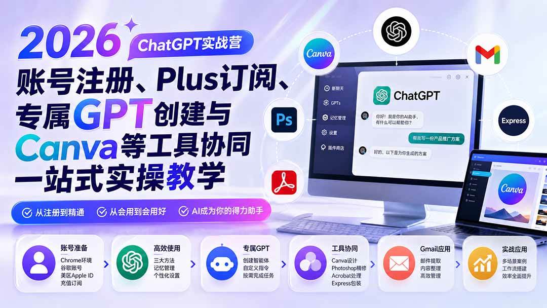 (19924期)2026 ChatGPT实战营;账号注册、Plus订阅、专属GPT创建与Canva等工具协同一站式实操教学