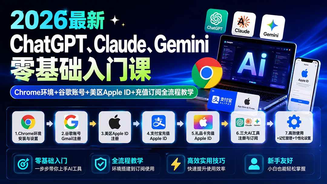 (19923期)2026最新ChatGPT、Claude、Gemini零基础入门课:Chrome环境+谷歌账号+美区Apple ID+充值订阅全流程教学