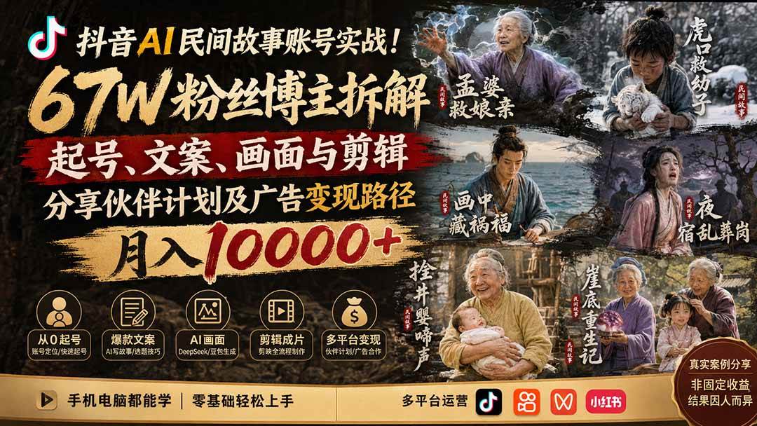 (19738期)抖音AI民间故事账号实战!67W粉丝博主拆解起号、文案、画面与剪辑,分享伙伴计划及广告变现路径,月入10000+