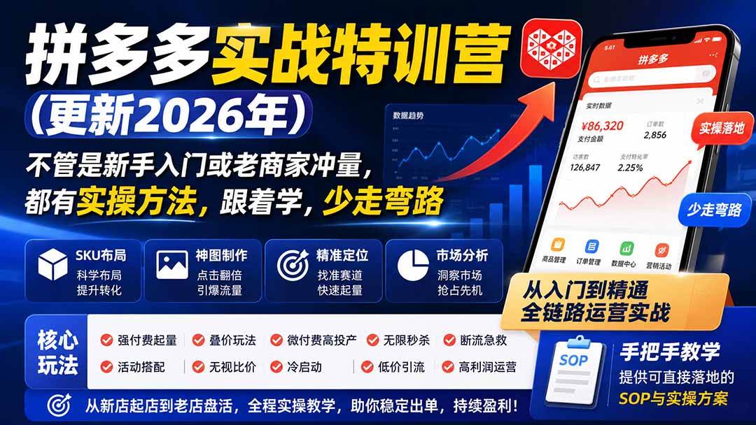 (19744期)拼多多实战特训营(更新2026年):不管是新手入门或老商家冲量,都有实操方法,跟着学,少走弯路