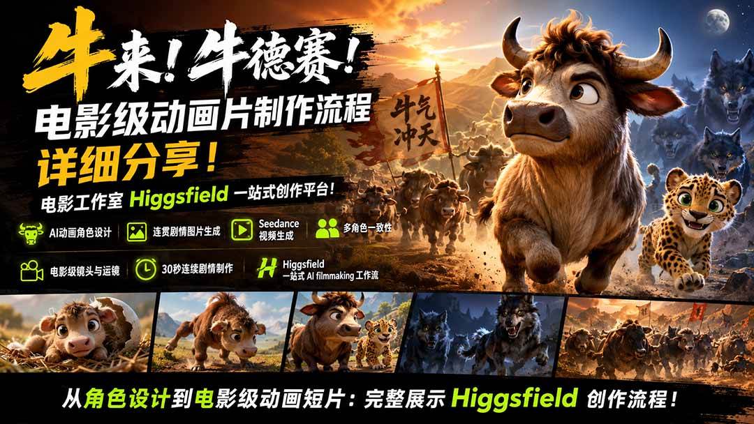 (19987期)牛来!牛德赛!电影级动画片制作流程详细分享!电影工作室Higgsfield一站式创作平台!