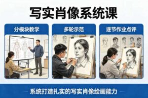 写实肖像系统课，全程分模块教学+多轮示范+逐节作业点评，系统打造扎实的写实肖像绘画能力