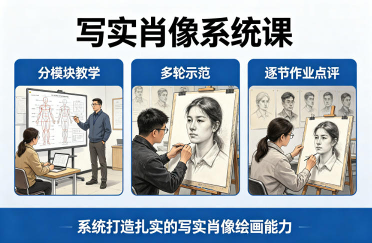 写实肖像系统课，全程分模块教学+多轮示范+逐节作业点评，系统打造扎实的写实肖像绘画能力