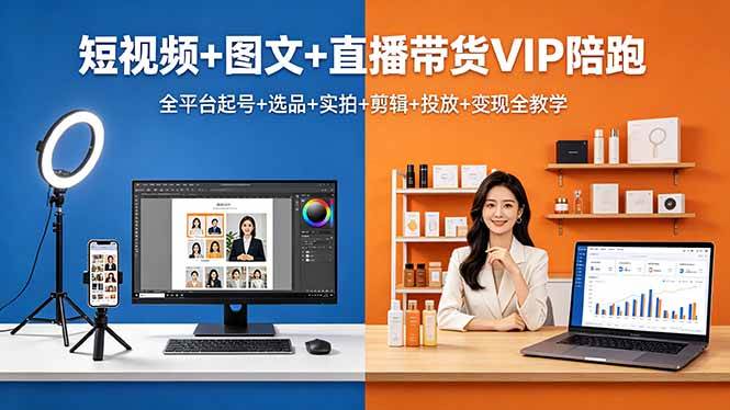 （18319期）短视频+图文+直播带货VIP陪跑，全平台起号+选品+实拍+剪辑+投放+变现全教学