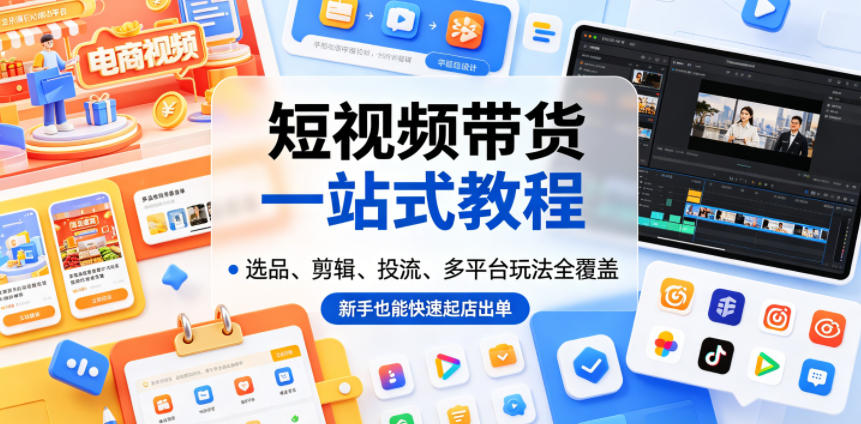 短视频带货一站式教程，选品、剪辑、投流、多平台玩法全覆盖，新手也能快速起店出单-后生网课库