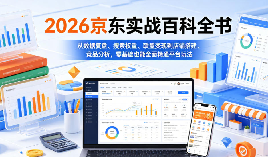2026京东实战百科全书,从数据复盘、搜索权重、联盟变现到店铺搭建、竞品分析,零基础也能全面精通平台玩法-后生网课库