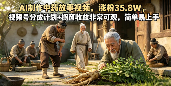 AI制作中药故事视频,涨粉35.8W,视频号分成计划+橱窗收益非常可观,简单易上手-后生网课库