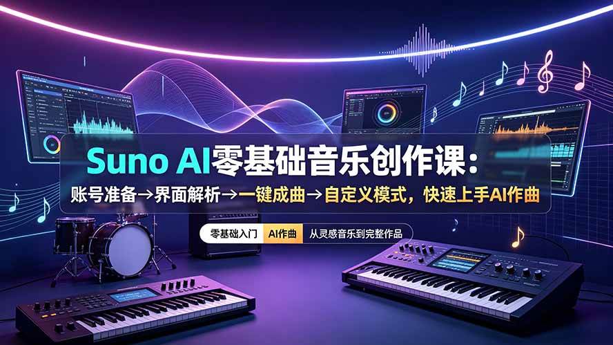 （19264期）Suno AI零基础音乐创作课：账号准备→界面解析→一键成曲→自定义模式，快速上手AI作曲