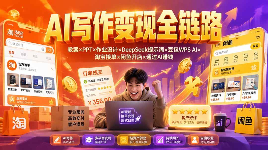（19561期）2026AI写作变现全链路：教案×PPT×作业设计×DeepSeek提示词×豆包WPS AI×淘宝接单×闲鱼开店×通过AI賺钱