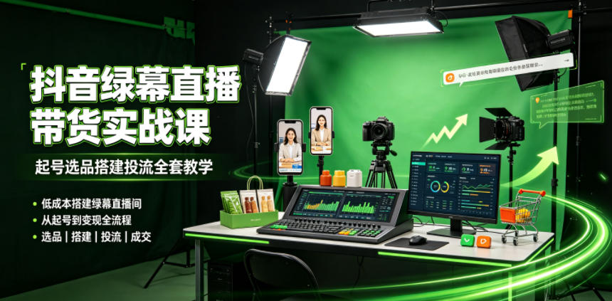 某社群抖音绿幕直播带货实战课，起号选品搭建投流全套教学，低成本搭建绿幕直播间