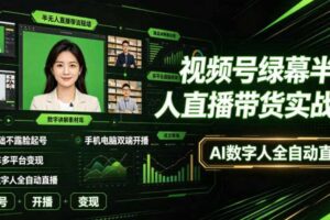 视频号绿幕半无人直播带货实战课|0基础不露脸起号、手机电脑双端开播、矩阵多平台变现、AI数字人全自动直播