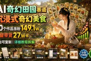 AI奇幻田园赛道，沉浸式奇幻美食，20个作品涨粉149.1W，橱窗带货27W件，小白可复制，详细教程拆解