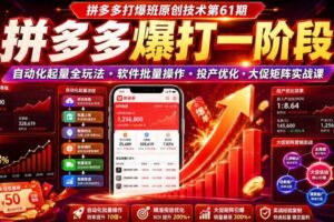 拼多多打爆班原创技术第61期，拼多多爆打一阶段，自动化起量全玩法・软件批量操作・投产优化・大促矩阵实战课