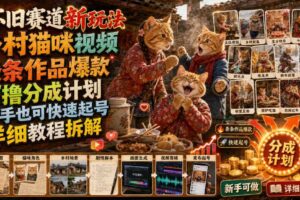 怀旧赛道新玩法，乡村猫咪视频，条条作品爆款，可撸分成计划，新手也可快速起号，详细教程拆解