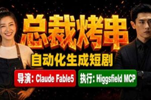 Claude Fable5担任导演+Higgsfield MCP落地执行｜《总裁烤串》真人质感短剧全自动AI生成全流程教学