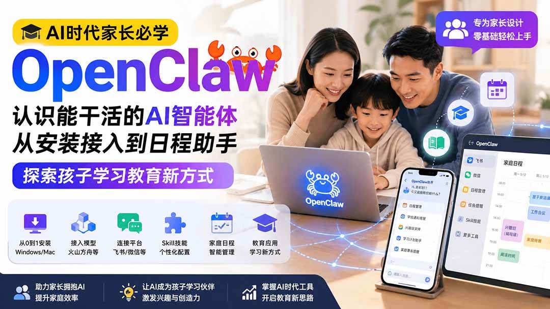 （19892期）AI时代家长必学OpenClaw小龙虾——认识能干活的AI智能体，从安装接入到日程助手，探索孩子学习教育新方式