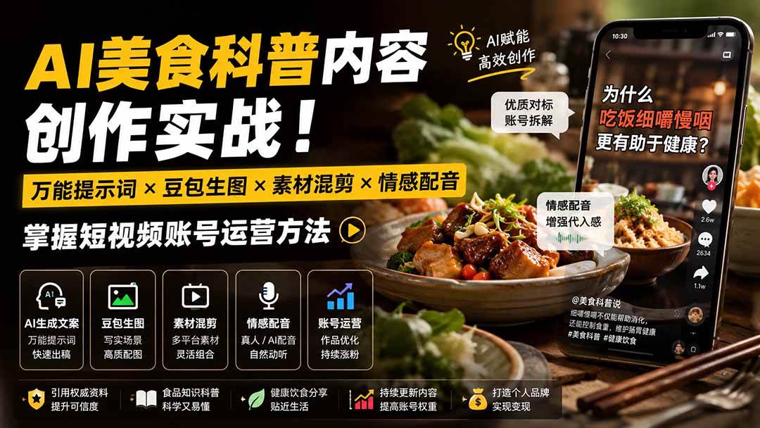 （19730期）外面卖199元-AI美食科普内容创作实战！万能提示词×豆包生图×素材混剪×情感配音，掌握短视频账号运营方法