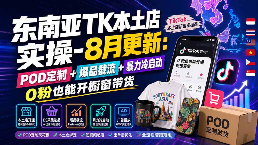 （19963期）东南亚TK本土店实操-8月更新：POD定制+爆品截流+暴力冷启动，0粉也能开橱窗带货
