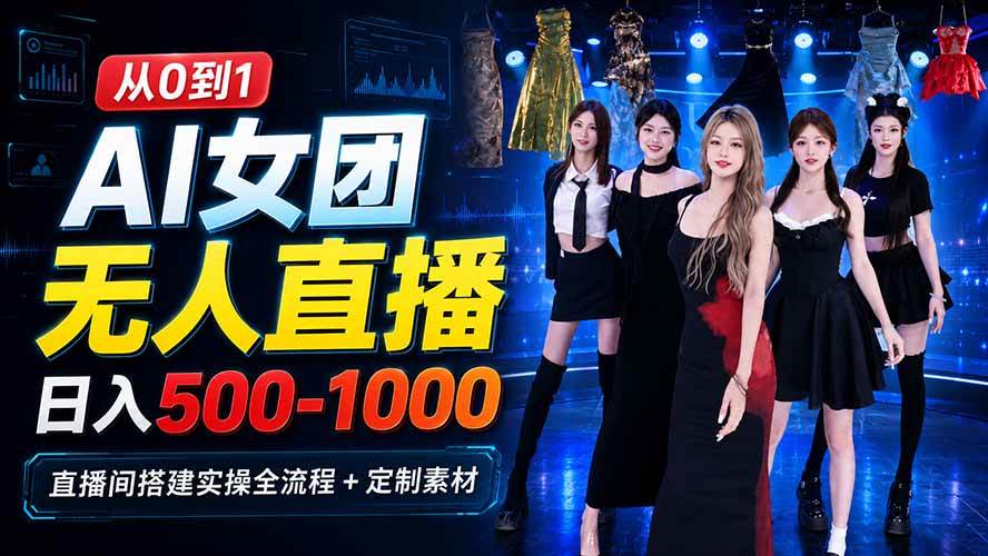 （20051期）AI 女团无人直播，躺入500-1000每天，直播间搭建实操全流程+定制素材