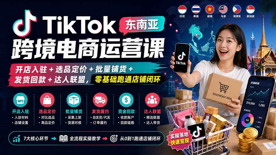 （20059期）TikTok东南亚跨境电商运营课：开店入驻+选品定价+批量铺货+发货回款+达人联盟，零基础跑通店铺闭环