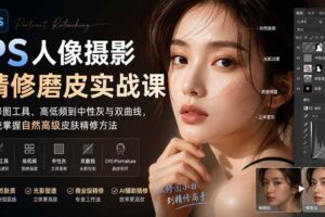 （20061期）PS人像摄影精修磨皮实战课：从修图工具、高低频到中性灰与双曲线，系统掌握自然高级皮肤精修方法