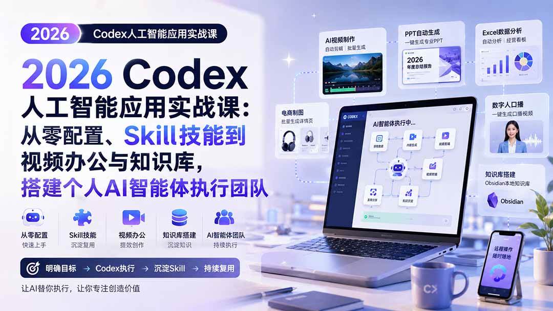 （20067期）2026 Codex人工智能应用实战课：从零配置、Skill技能到视频办公与知识库，搭建个人AI智能体执行团队