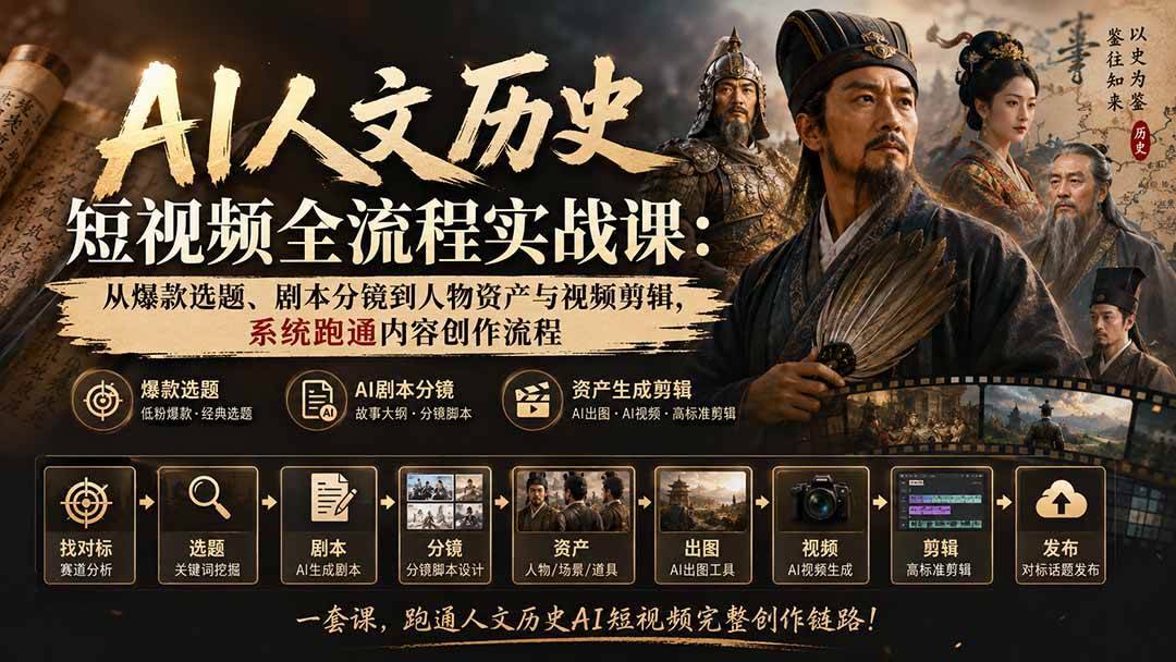 （20074期）AI人文历史短视频全流程实战课：从爆款选题、剧本分镜到人物资产与视频剪辑，系统跑通内容创作流程