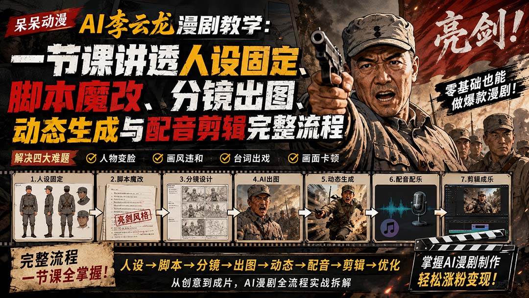 （20107期）呆呆动漫AI李云龙漫剧教学：一节课讲透人设固定、脚本魔改、分镜出图、动态生成与配音剪辑完整流程