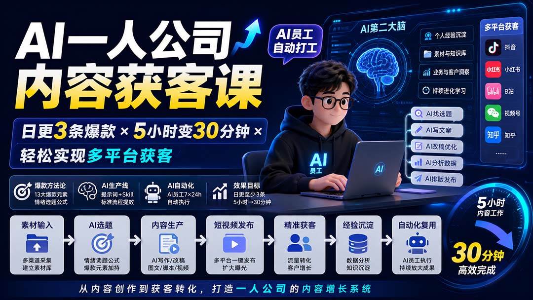 （20111期）AI一人公司内容获客课-更新8月：日更3条爆款×5小时变30分钟×AI员工自动打工，轻松实现多平台获客