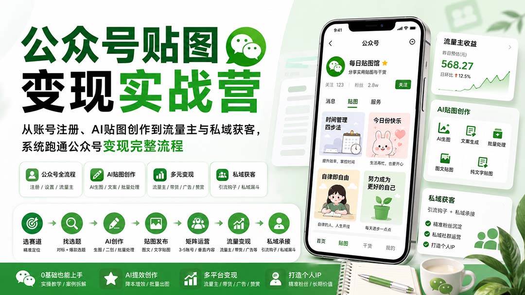 （20120期）公众号贴图变现实战营：从账号注册、AI贴图创作到流量主与私域获客，系统跑通公众号变现完整流程