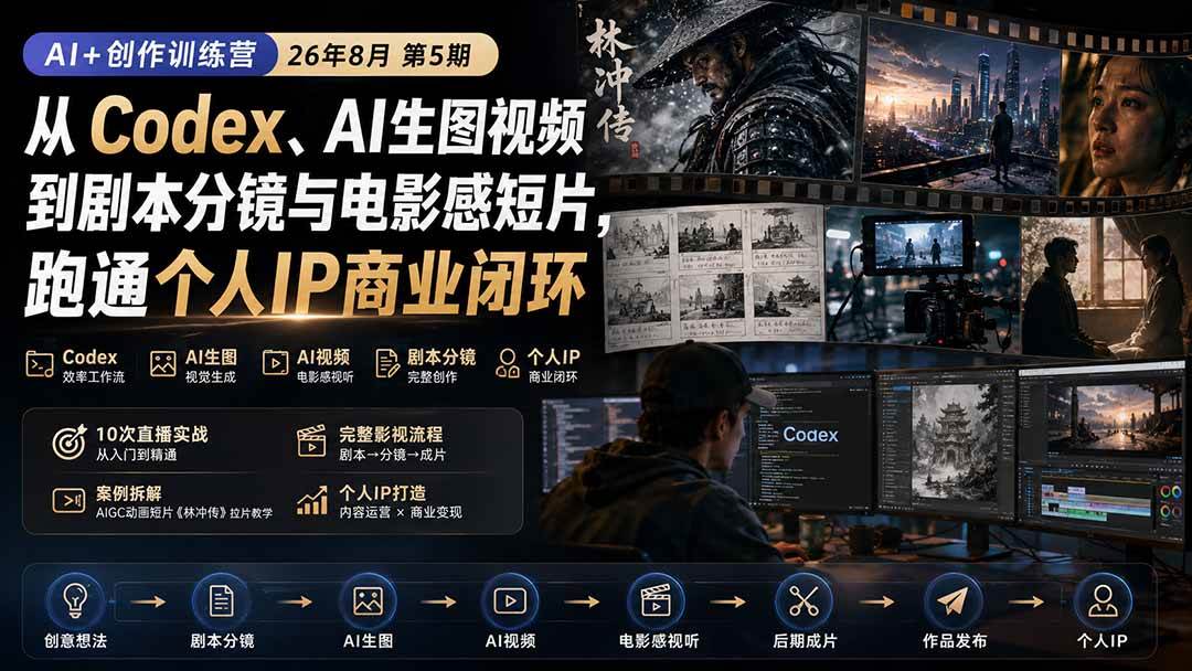 （20145期）AI+创作训练营26年8月第5期：从Codex、AI生图视频到剧本分镜与电影感短片，跑通个人IP商业闭环