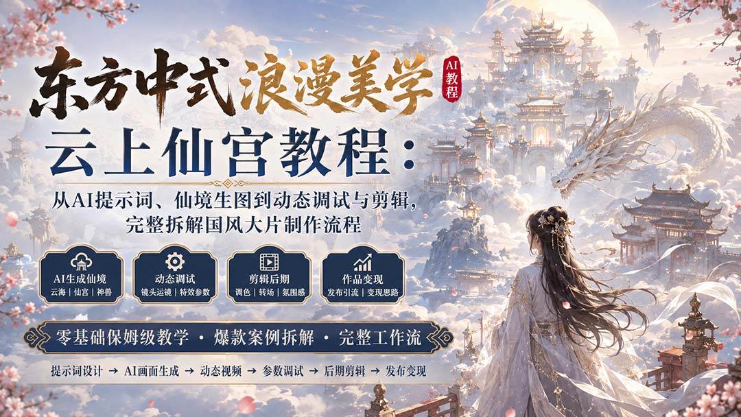 （20147期）东方中式浪漫美学云上仙宫教程：从AI提示词、仙境生图到动态调试与剪辑，完整拆解国风大片制作流程