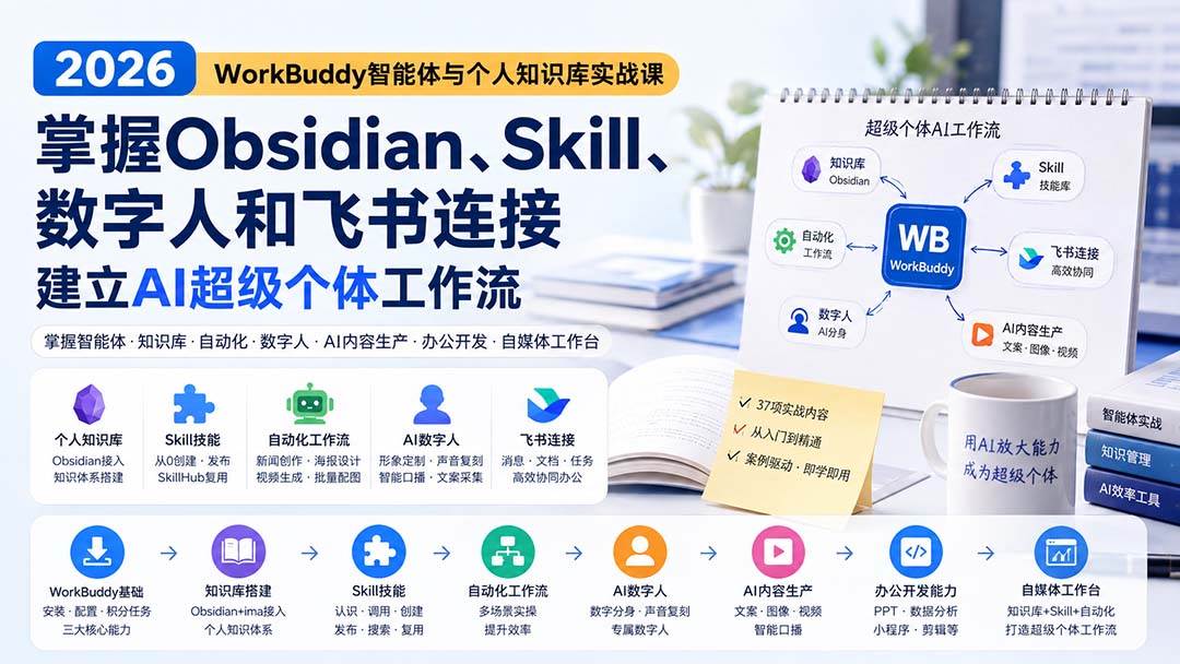 （20169期）2026 WorkBuddy智能体与个人知识库实战课：掌握Obsidian、Skill、数字人和飞书连接，建立AI超级个体工作流