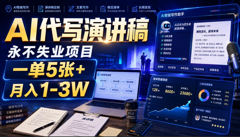 AI代写演讲稿，永不失业项目，一单5张+，月入1-3W【揭秘】