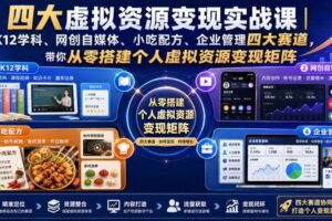 四大虚拟资源变现实战课｜K12学科、网创自媒体、小吃配方、企业管理四大赛道，带你从零搭建个人虚拟资源变现矩阵