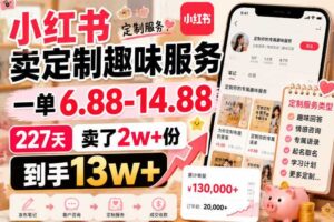 小红书卖定制趣味服务，一单6.88-14.88，227天卖了2w+份，到手13w+