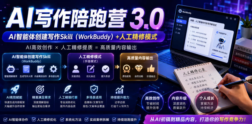 AI写作陪跑营3.0，Ai智能体创建写作skill（workbuddy）+人工手写模式（手搓模式），去除AI痕迹（头条号、公众号、百家号）（更新0806）