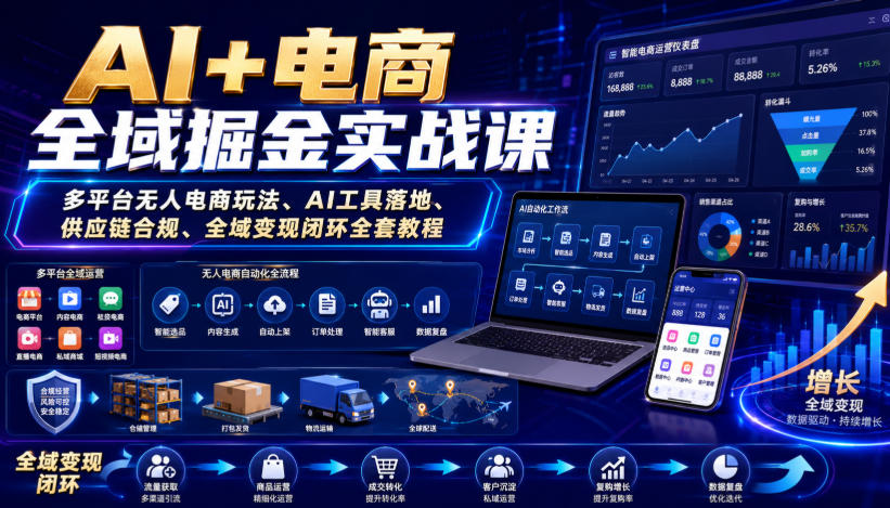 AI+电商全域掘金实战课｜多平台无人电商玩法、AI工具落地、供应链合规、全域变现闭环全套教程