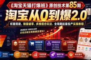 《淘宝天猫打爆班》原创技术第85期,淘宝从0到爆2.0,权重搭建、销量破零、多维组合玩法、全周期起量投产实操教程